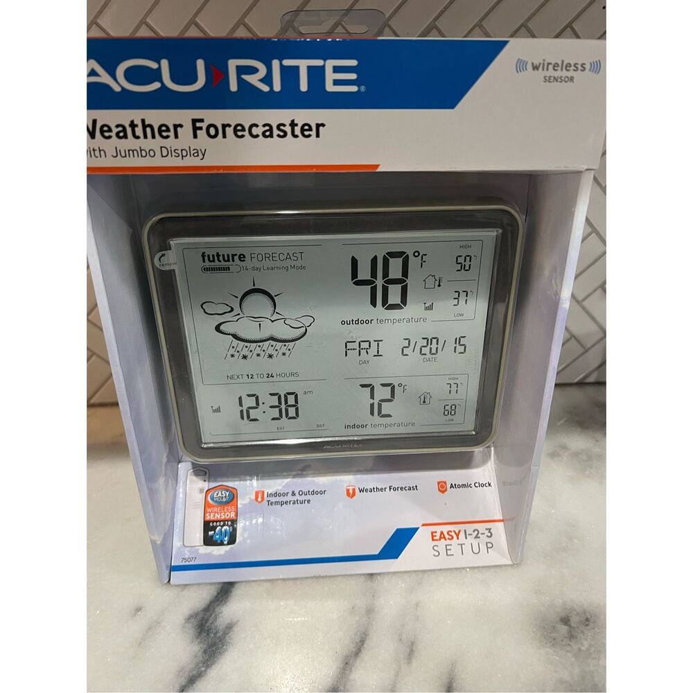 AcuRite 75077 Weather Forecaster Jumbo Display Wireless Sensor Atomic Clock NEW